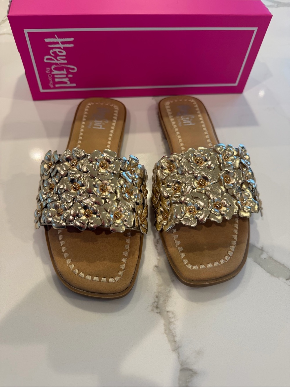 Hey Girl Corkys Spring Fever Gold Floral Embellished Slide Sandals